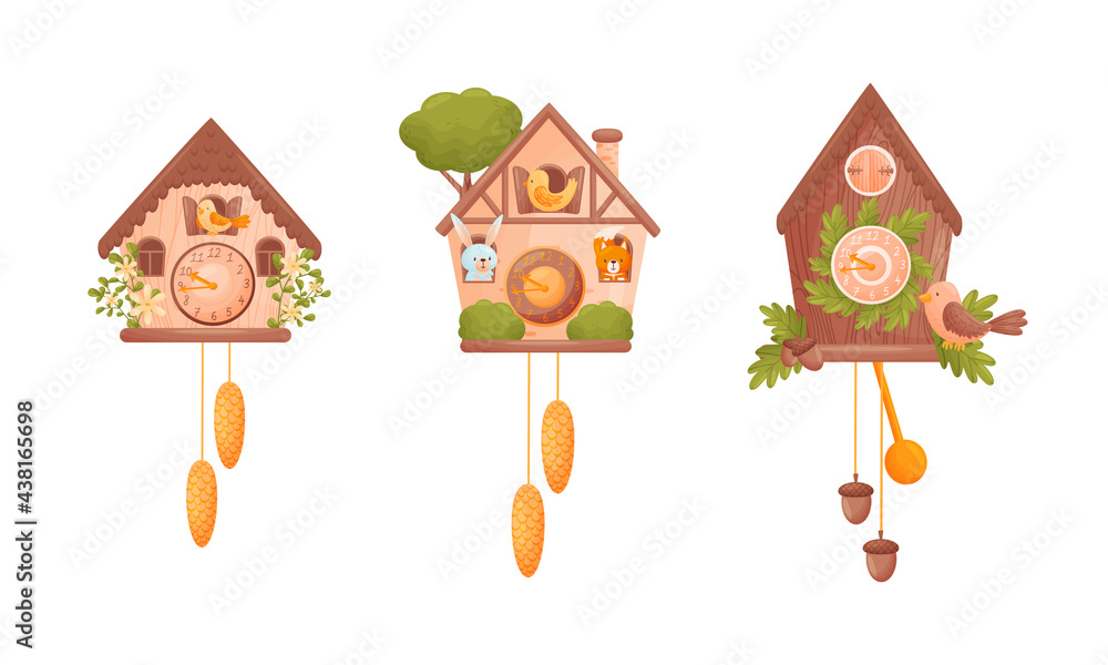Poster wooden cuckoo clock with hanging pendulum and bird vector set
