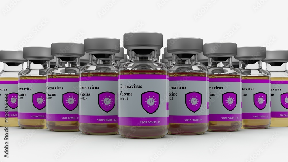 Poster 3d rendering of multiple vials of coronavirus vaccine. the bottles have different labels. the illust