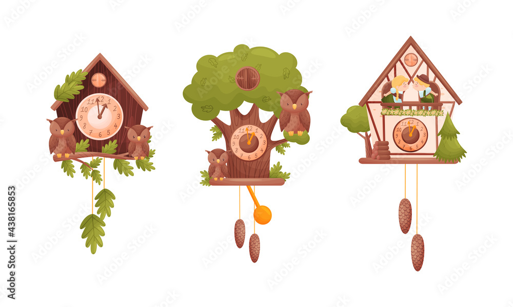 Poster wooden cuckoo clock with hanging pendulum and bird vector set