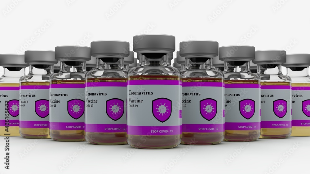 Poster 3d rendering of multiple vials of coronavirus vaccine. the bottles have different labels. the illust