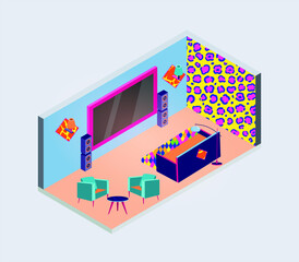 Living room with animal print in pop art style. Plasma with speaker system, sofa, printed carpet and much more.