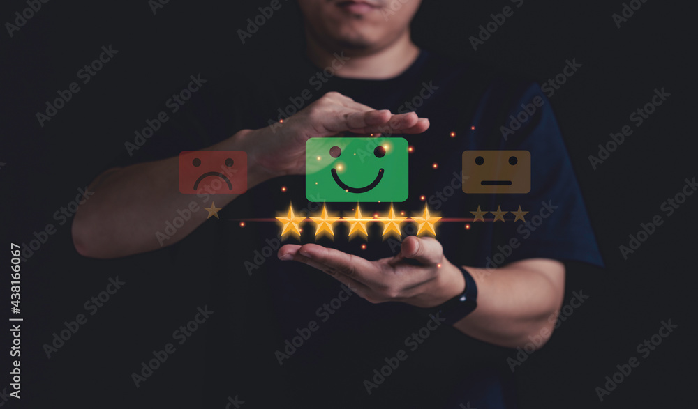 Poster businessman touch on virtual tab bar to customer evaluates products and services. customer satisfact