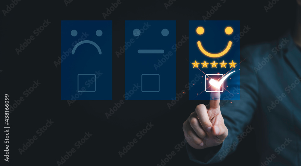 Poster businessman touch on virtual tab bar to customer evaluates products and services. customer satisfact
