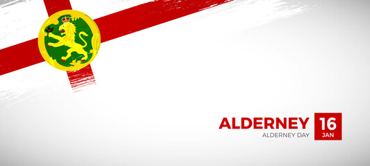Happy national day of Alderney with brush painted grunge flag background