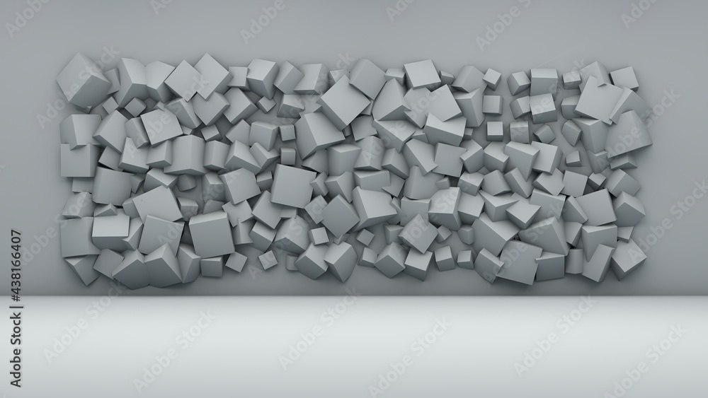 Poster 3d rendering of a geometric background. there are many cubes of different sizes in the white wall. a