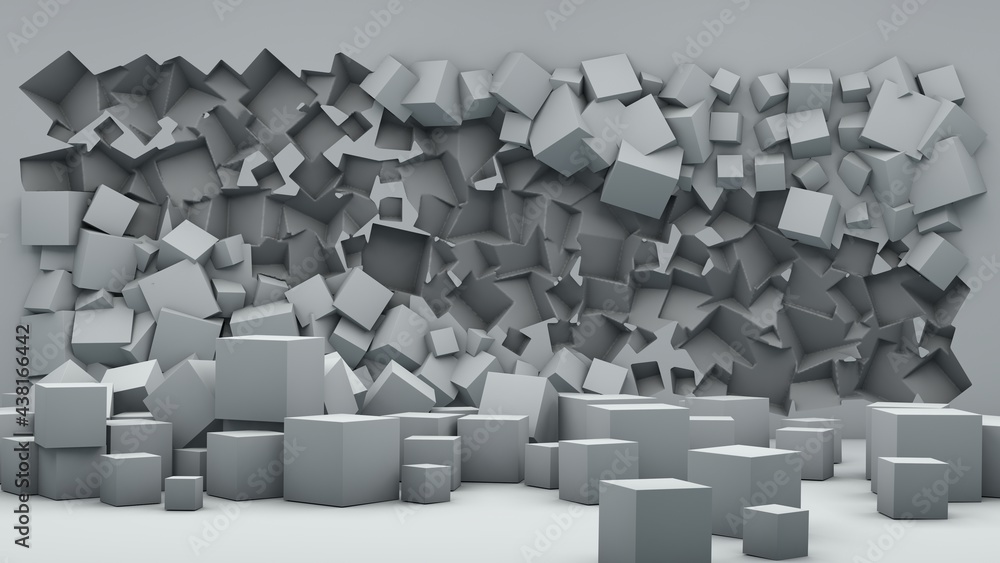 Poster 3d rendering of a geometric background. in the white wall, there are many cubes of different sizes, 