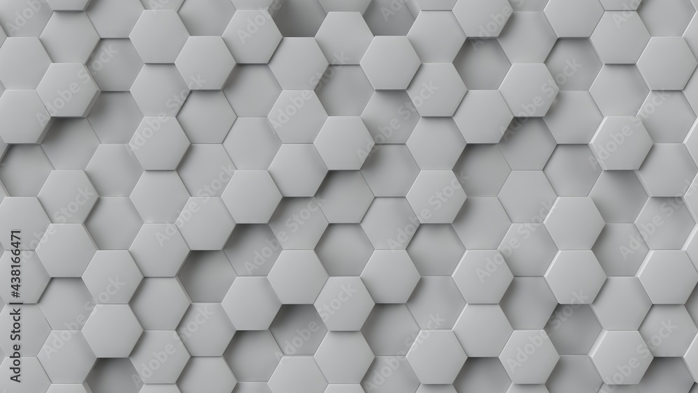 Poster 3d rendering of a geometric background made of hexagons. white hexagons of different heights form a 