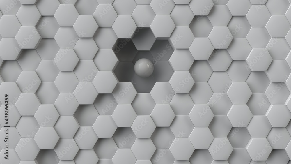 Poster 3d rendering of a geometric background of hexagons and a white perfect sphere. white hexagons of dif