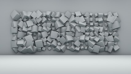3d rendering of a geometric background. There are many cubes of different sizes in the white wall. Abstract background. A set of geometric objects.