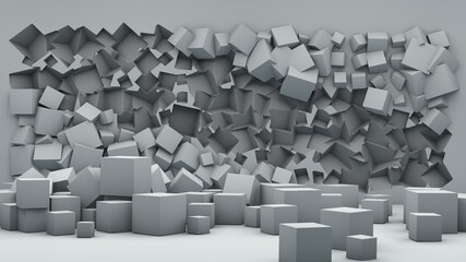 3d rendering of a geometric background. In the white wall, there are many cubes of different sizes, and many lie on the surface. Abstract background. A set of geometric objects.