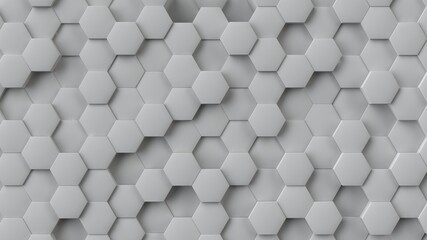 3d rendering of a geometric background made of hexagons. White hexagons of different heights form a beautiful, abstract landscape. Cellular design, desktop screensaver.
