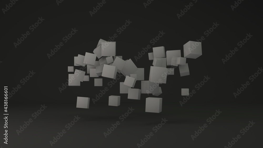 Poster 3d rendering of a geometric background from a variety of cubes of different sizes. cubes in the blac
