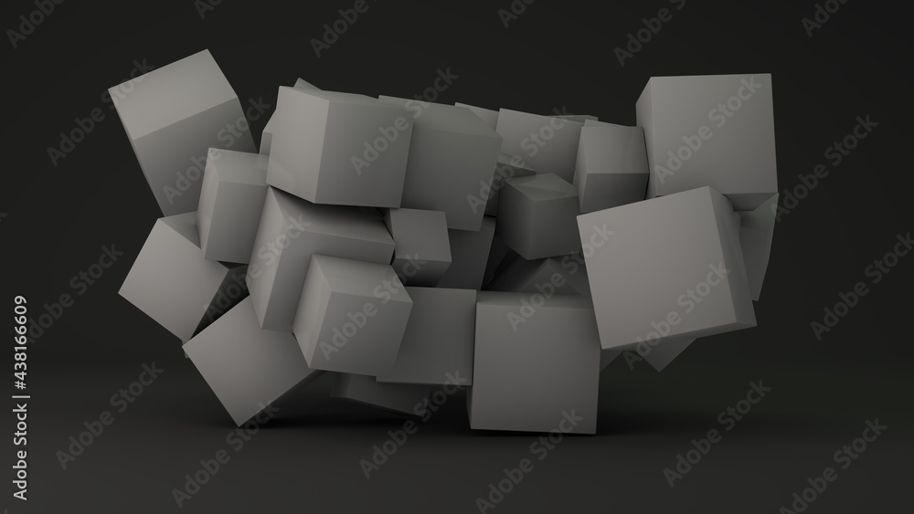 Poster 3d rendering of a geometric background from a variety of cubes of different sizes. cubes in the blac