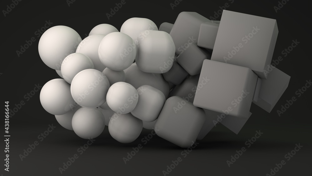 Poster 3d rendering of a geometric background of many white spheres and cubes of different sizes. balls and