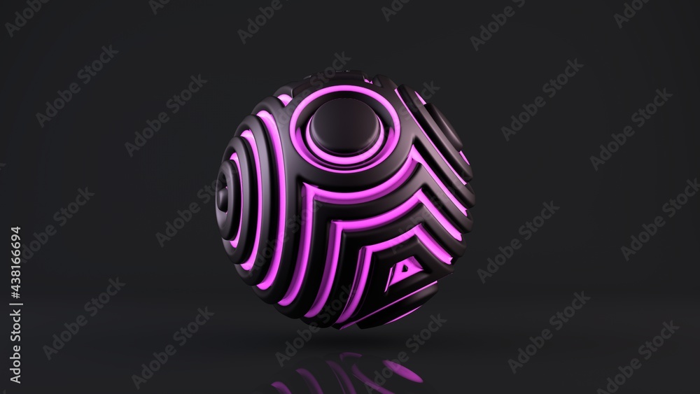 Poster 3d rendering of a strange black sphere with a complex relief of concentric circles with purple glowi