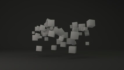 3d rendering of a geometric background from a variety of cubes of different sizes. Cubes in the black studio. Illustration for abstract compositions.