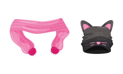 Warm Knitted Winter Hat with Cat Ears and Scarf Vector Set