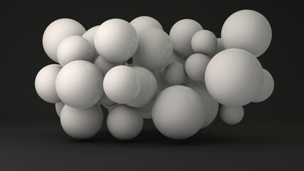 3d rendering of a geometric background of many white spheres of different sizes. Balls in the black studio. Illustration for abstract compositions.