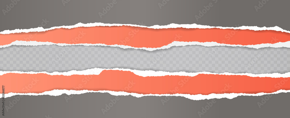 Poster torn, ripped grey and pink paper strips with soft shadow are on squared background for text. vector 