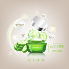 Collagen Cucumber Extract Serum and Vitamin for Skin Care Cosmetic Background.