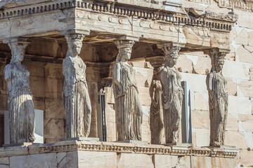 Caryatids porch, part of Erechtheion temple in area of Acropolis ancient citadel in Athens city,...