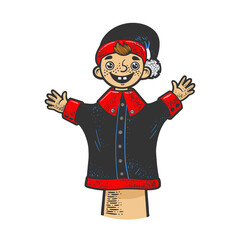 Puppet doll on puppeteer hand color line art sketch engraving vector illustration. T-shirt apparel print design. Scratch board imitation. Black and white hand drawn image.