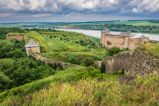 Distance view of Khotyn Fortress, fortification complex in Khotyn town in Ukraine