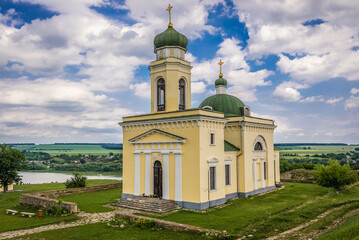 Fototapeta na wymiar Alexander Nevsky Orthodox Church next to Khotyn Fortress, fortification complex in Khotyn town in Ukraine