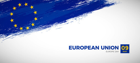 Happy europe day of European Union with brush painted grunge flag background - obrazy, fototapety, plakaty