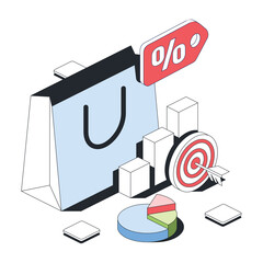 Sales, shopping bag shop, charts, target strategy. Vector 3d line isometric, color web icons, new flat style. Creative design idea for infographics.