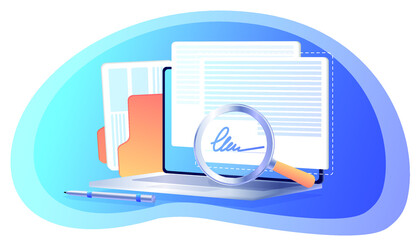 Electronic signature on laptop. Business E-signature technology, digital form attached to electronically transmitted document, verification of intent to sign agreement, legal deal. Web