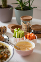 Vegetarian  vegan meal with cucumbers, carrots, hummus, integral plates and lentil soup. Minimalist dishes and simple set of a table. In the background are a cactus and a plant in colorful pots 