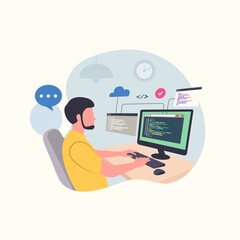 Programmer typing data code on computer for software development design concept vector illustration