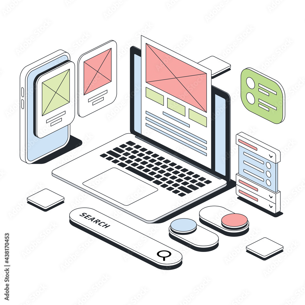 Poster application development, web design elements. vector 3d line isometric, color web icons, new flat st