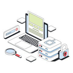 Server, database, security shield lock, search magnifier, website. Vector 3d line isometric, color web icons, new flat style. Creative design idea for infographics.