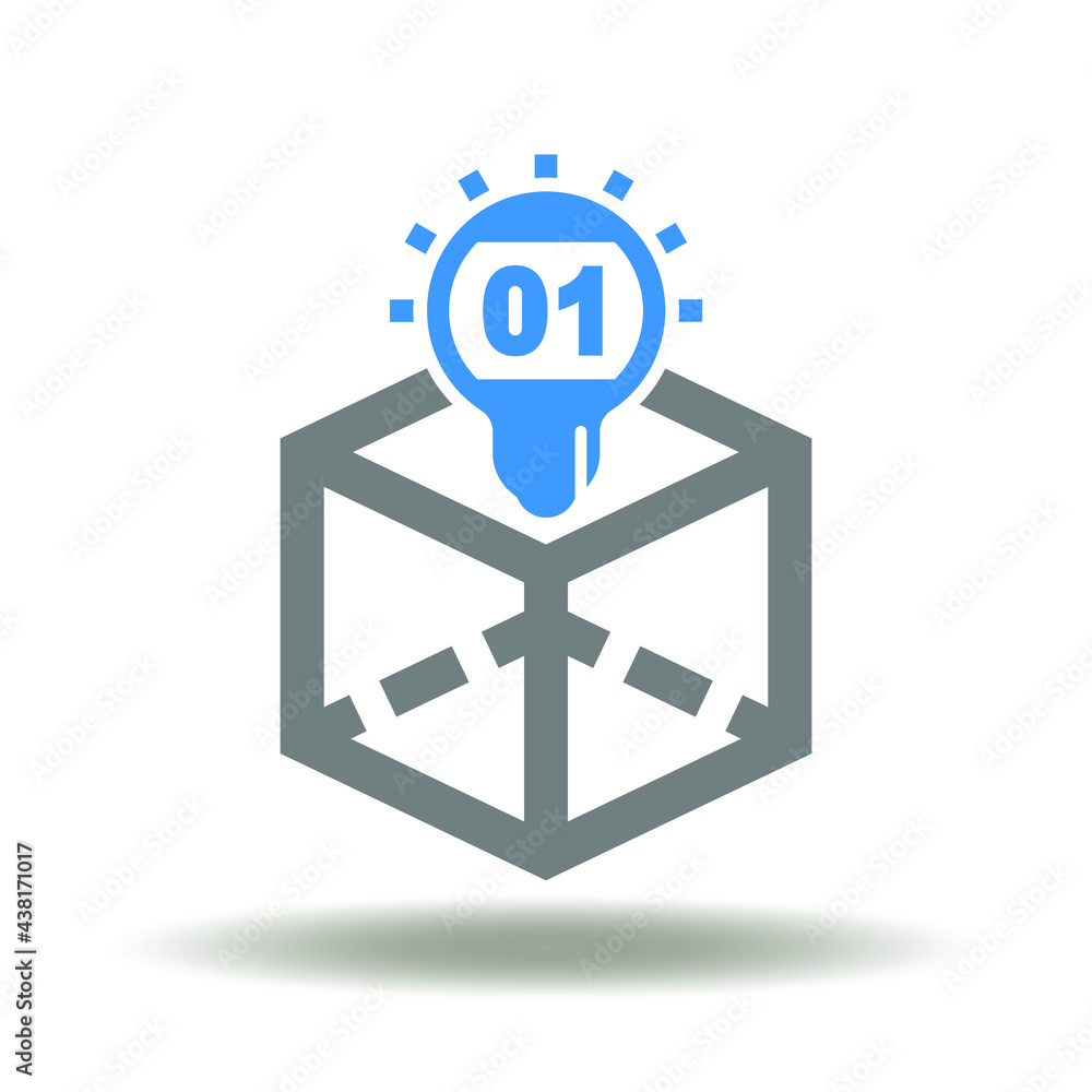 Poster 3d cube with light bulb and digital numbers zero one vector illustration. ico symbol. creative block