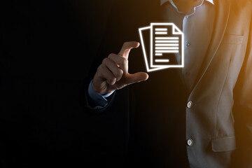 Businessman man holding a document icon in his hand Document Management Data System Business...