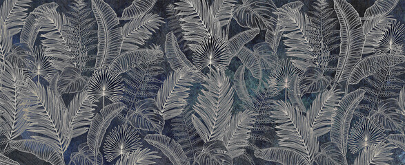 Background of tropical leaves. Palm leaves, branches, grass. - 438171654