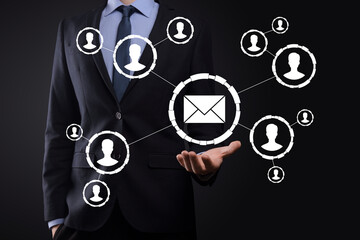 Email and user icon,sign,symbol marketing or newsletter concept, diagram.Sending email.Bulk mail.Email and sms marketing concept. Scheme of direct sales in business. List of clients for mailing.