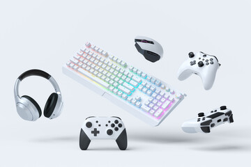 Flying gamer gears like mouse, keyboard, joystick, headset, VR © Vasyl Onyskiv