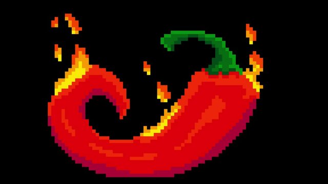 Pixel art burning red pepper fire animation seamless loop