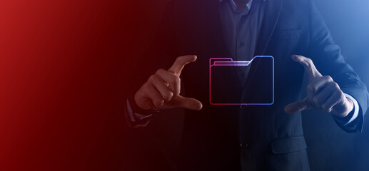 Businessman hold folder icon.Document Management System or DMS setup by IT consultant with modern...