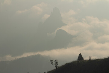 View of rangaswamy peek in kodanadu in the early morning. clouds passing or touching top of the peek or mountain in kodanadu