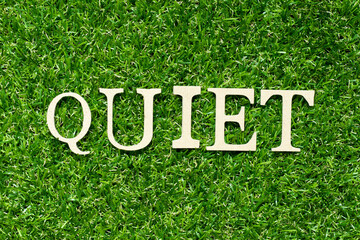 Wood letter in word quiet on green grass background
