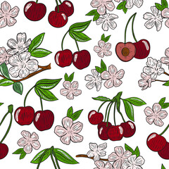 Seamless pattern with cherries and flowers, vector. Blooming cherry tree and ripe berries. Delicate natural background with food.