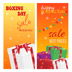 Happy boxing day sale. Vector illustration. Flyer, coupon, banner. Colorful bright design on a yellow-orange background.
