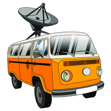 Climatic vehicle. Yellow minibus with locator on the roof. The sky and clouds reflected in the window panes. 
