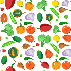 Seamless pattern with vegetables in a cartoon style. Vector texture. Flat icons pepper, pumpkin, peas, garlic, and tomato. Vegetarian healthy food. Vegan, Farm, Organic, Natural background