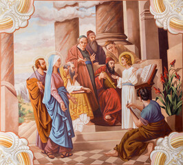 SEBECHLEBY, SLOVAKIA - AUGUS 8, 2013: Little Jesus teaching in the temple. Fresco from 20. cent. by...