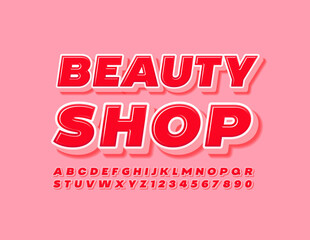 Vector trendy logo Beauty Shop. Red 3D Font. Creative set of Alphabet Letters and Numbers